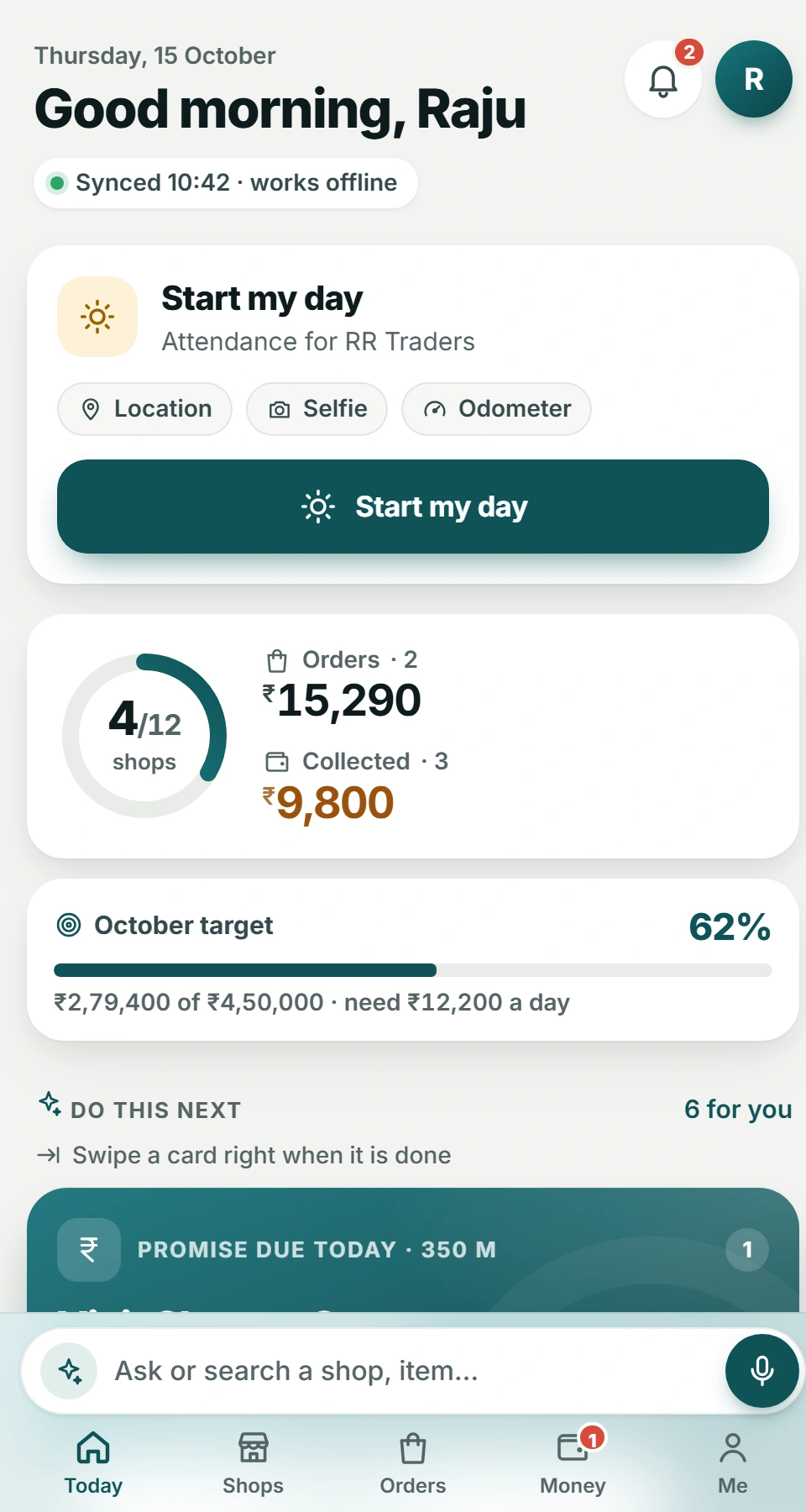 The BinaSetu phone app: a salesman's Today screen.